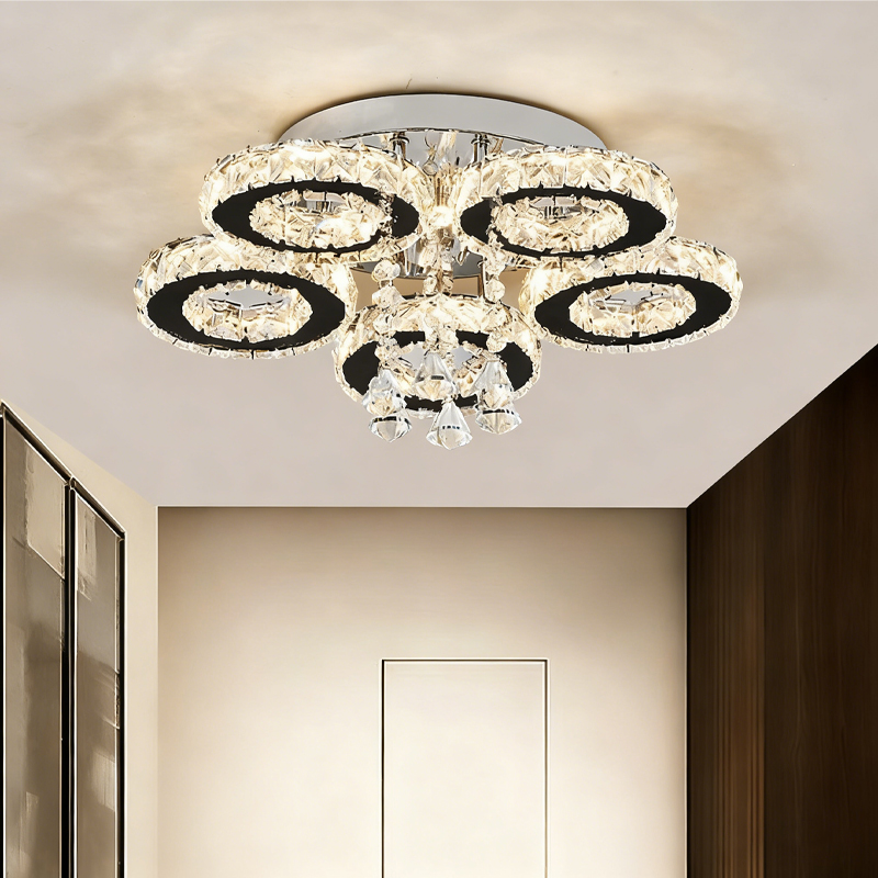 Round Three-ring LED Crystal Flush Mount Chandelier for Living Room