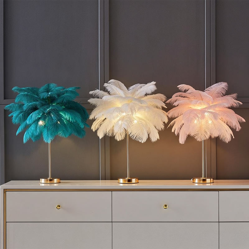 Contemporary Ostrich Feather LED Table Lamp with Metal Base for Bedroom Bedside