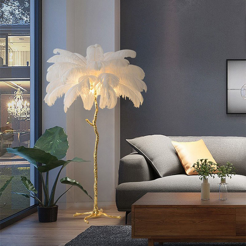 LED Curved Tree Floor Lamp with Ostrich Feathers for Home Use