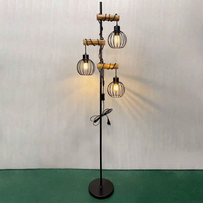 Vintage Floor Lamp for Living Room, 3 Bulbs, Wooden Retro Style