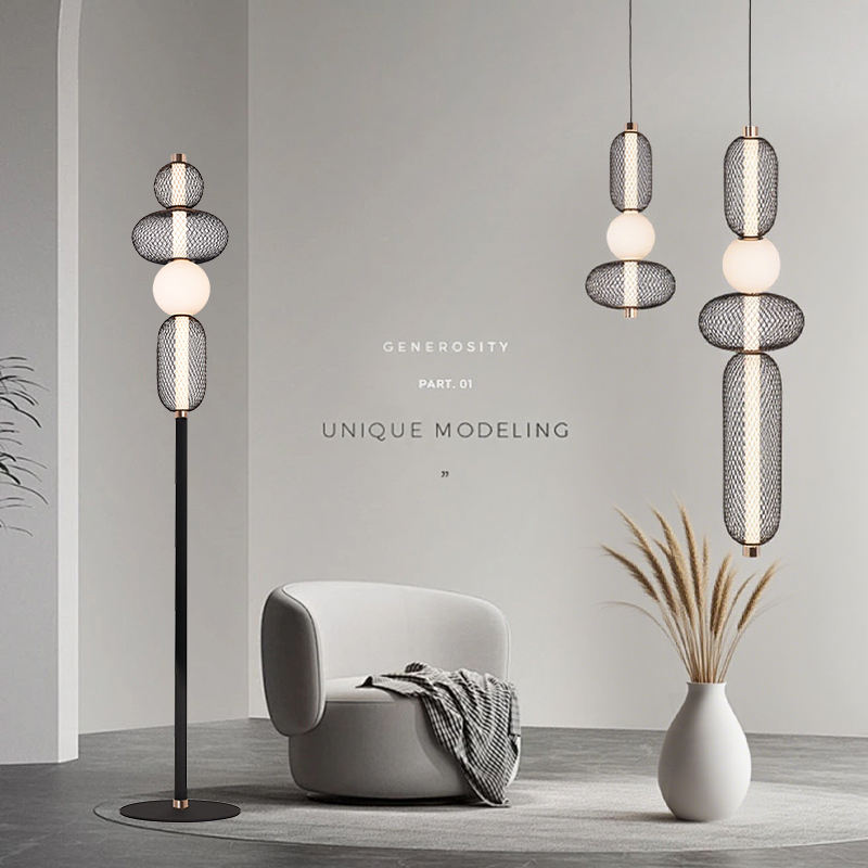 Nordic Designer Gold and Black Iron Cage Frame Floor Lamp