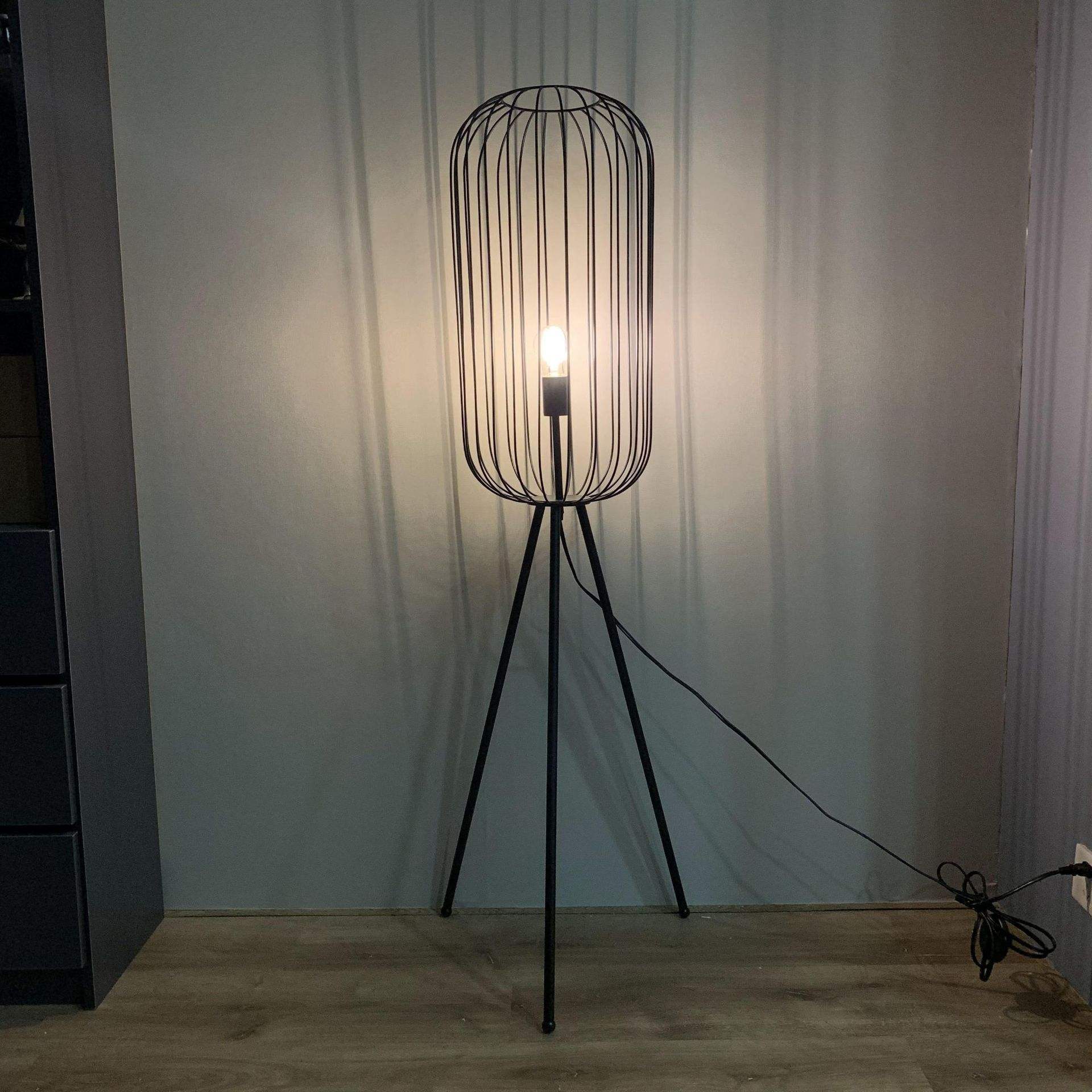 High Matte Black Metal Cage Tripod Floor Lamp for Living Room Lighting