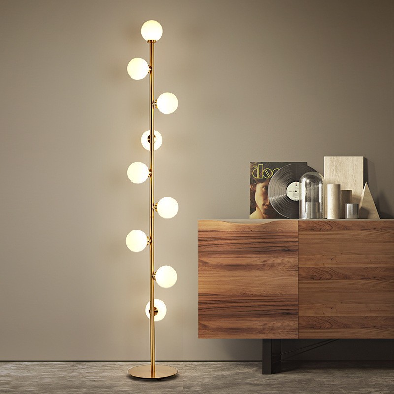 9-Head Gold Metal Floor Lamp with Cream Glass Spheres for Bedroom Bedside