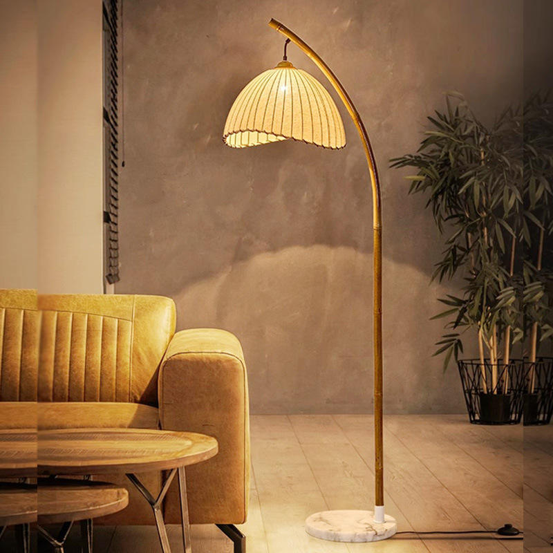 Marble Base Floor Lamp with Bamboo Pole & Fabric Shade – Hotel Use