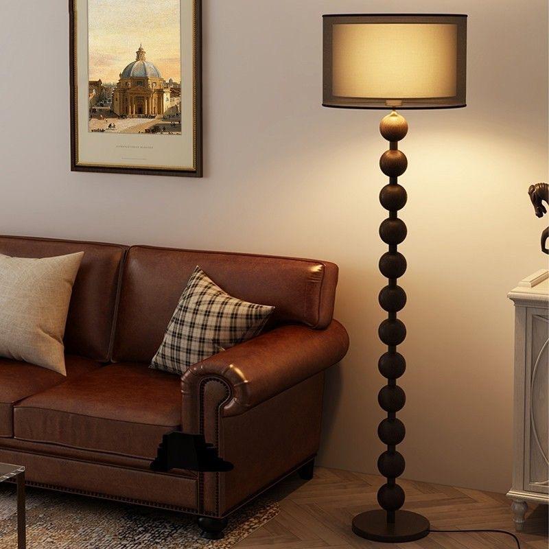 Walnut and Wrought Iron Floor Lamp with Fabric Lampshade, E27 Base