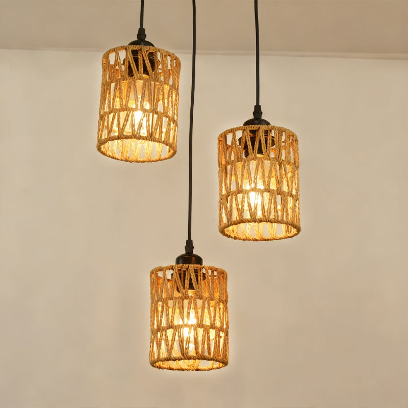 Bohemian-style 3-light Rattan Lampshade Chandelier