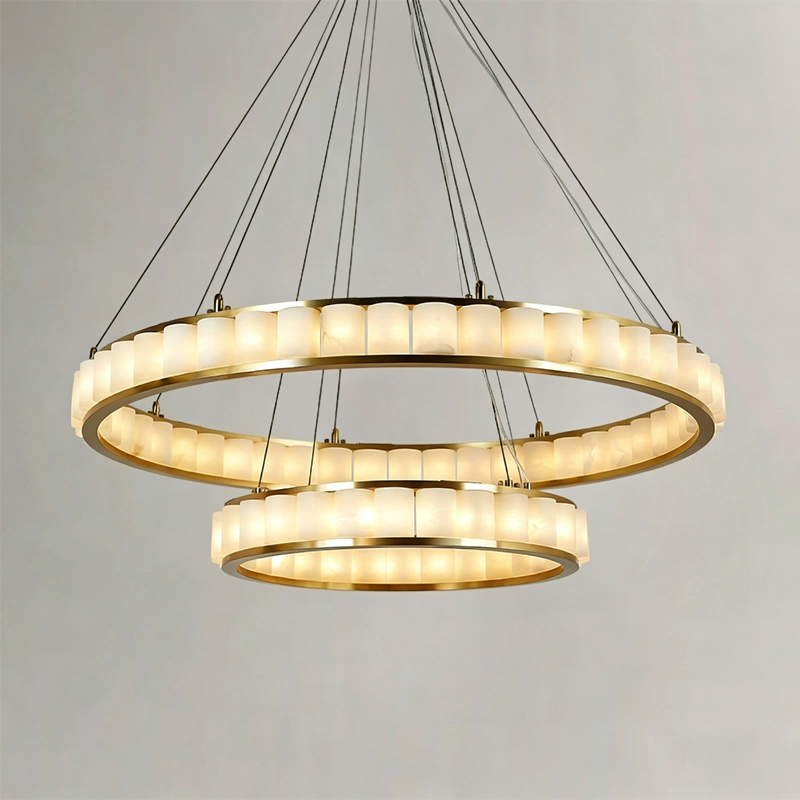 Natural Spanish marble chandelier all copper living room villa duplex model