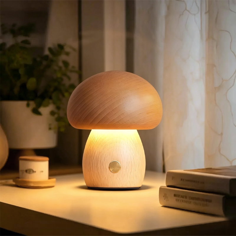Mushroom table lamp decor, solid beech wood, LED creative touch