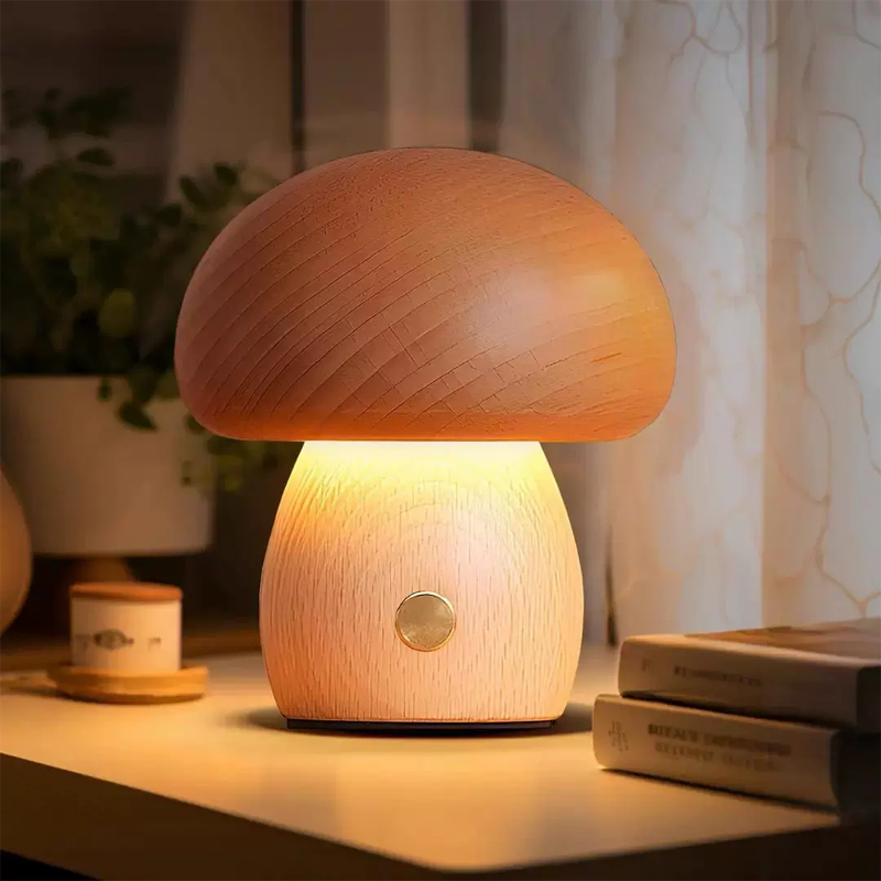 Mushroom table lamp decor, solid beech wood, LED creative touch